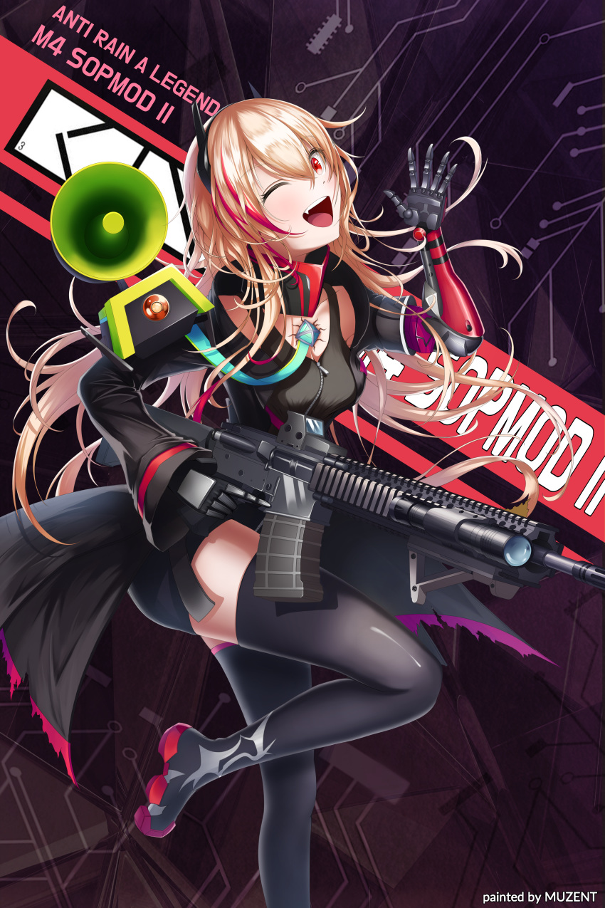 1girl :d ;d absurdres assault_rifle bangs black_coat black_jumpsuit black_legwear blonde_hair boots breasts character_name chest_plate clothes_writing coat eotech gas_mask girls_frontline gun hand_up headgear highres holding holding_gun holding_weapon huge_filesize jumpsuit leg_up logo m4_carbine m4_sopmod_ii m4_sopmod_ii_(girls_frontline) magazine_(weapon) mechanical_arm megaphone mod3_(girls_frontline) multicolored_hair multiple_straps muzent one_eye_closed open_clothes open_coat open_mouth pouch prosthesis prosthetic_arm red_eyes red_hair ribbon rifle ro635_(dinergate) short_jumpsuit sidelocks sleeveless_jumpsuit small_breasts smile standing standing_on_one_leg streaked_hair thigh_boots thighhighs torn_clothes torn_coat torn_jacket trigger_discipline two-tone_hair weapon zettai_ryouiki zipper zipper_pull_tab