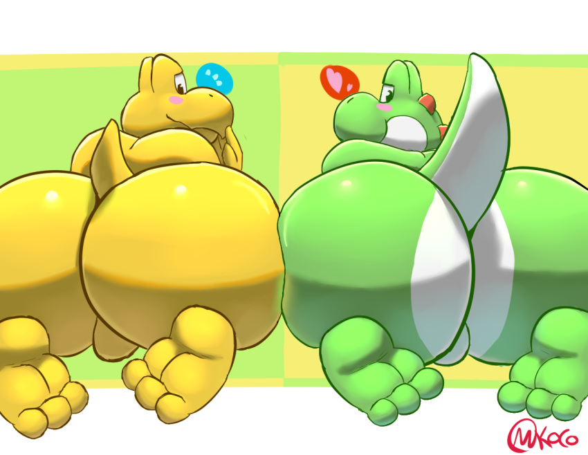 2019 3_toes balls big_butt blush butt duo feet koopa looking_at_viewer male male/male mario_bros nintendo presenting scalie shikapandakuma simple_background smile toes video_games yoshi