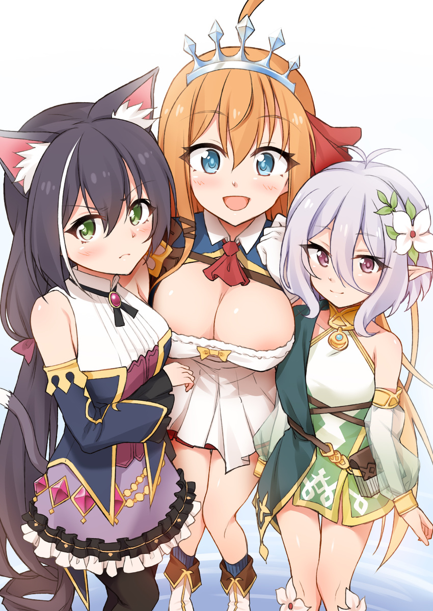 3girls :d absurdres ahoge animal_ear_fluff animal_ears antenna_hair bangs bare_shoulders black_hair black_legwear blue_legwear blue_sleeves blush boots breasts brown_hair cat_ears cat_girl cat_tail closed_mouth commentary_request detached_sleeves dress eyebrows_visible_through_hair flower frilled_skirt frills gloves green_dress green_sleeves hair_between_eyes hair_flower hair_ornament hair_ribbon hand_up highres kokkoro_(princess_connect!) kyaru_(princess_connect) large_breasts long_hair long_sleeves macchiato_(jae-min_cho) multicolored_hair multiple_girls open_mouth pantyhose pecorine pointy_ears princess_connect! princess_connect!_re:dive puffy_short_sleeves puffy_sleeves purple_skirt red_neckwear red_ribbon ribbed_legwear ribbon see-through see-through_sleeves shirt short_sleeves silver_hair skirt sleeveless sleeveless_dress sleeveless_shirt small_breasts smile streaked_hair tail tiara very_long_hair white_flower white_footwear white_gloves white_hair white_shirt wide_sleeves