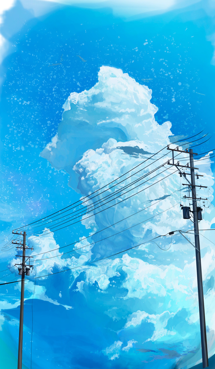 absurdres banishment blue_sky cloud cloudy_sky commentary_request day highres no_humans original outdoors power_lines scenery sky telephone_pole transformer