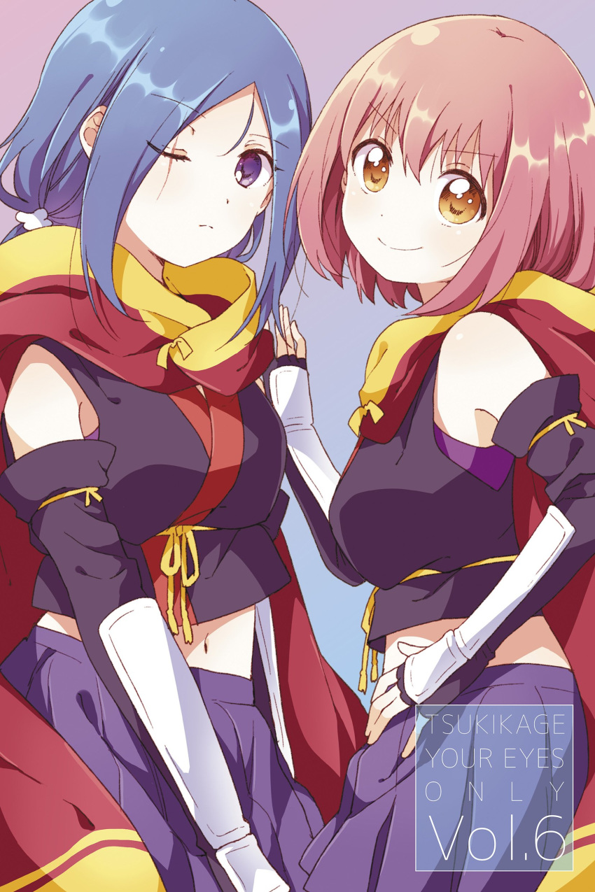 absurdres arm_guards black_gloves blue_hair blush breasts brown_eyes closed_mouth cover cover_page detached_sleeves eyebrows_visible_through_hair fingerless_gloves gloves hair_over_one_eye hand_on_hip hanzoumon_yuki highres long_hair looking_at_viewer medium_breasts minamoto_momo namori navel official_art one_eye_closed pink_hair purple_eyes purple_skirt release_the_spyce short_hair skirt smile