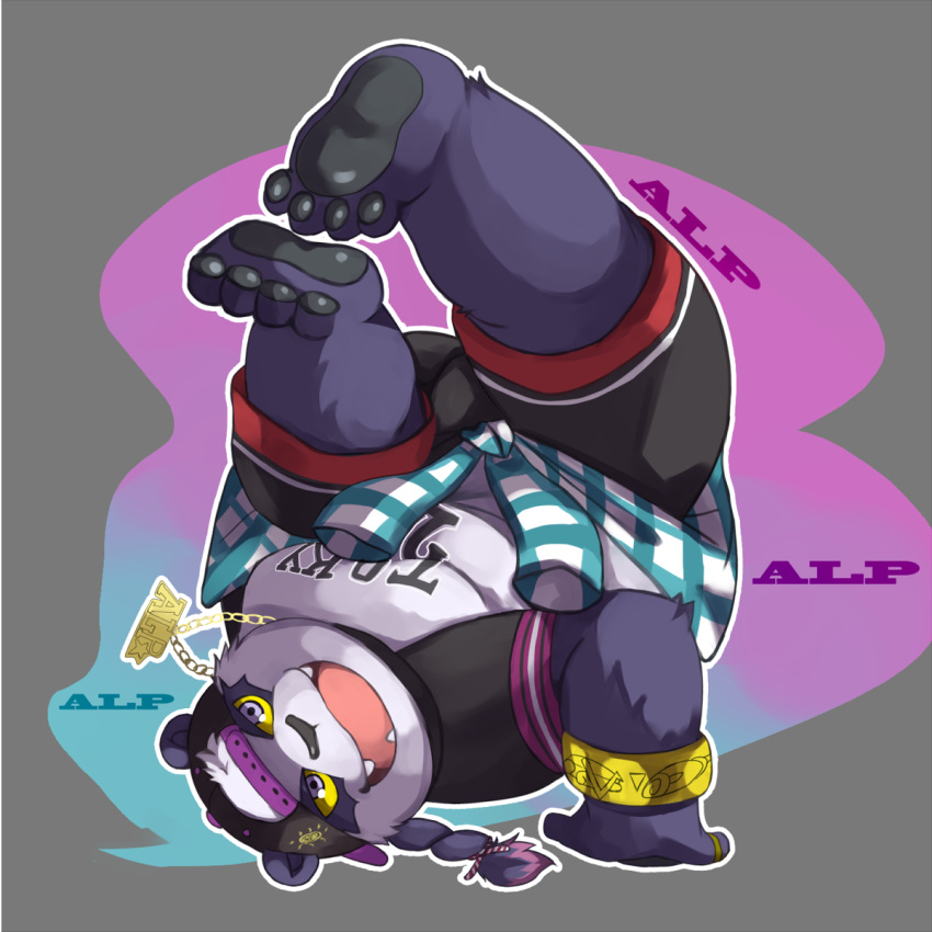 1:1 2019 alp_(tas) anthro belly clothing cute_fangs english_text fur giant_panda hat headgear headwear hi_res humanoid_hands kmnchu1 male mammal overweight overweight_male purple_fur shirt shorts solo text tokyo_afterschool_summoners topwear ursid video_games