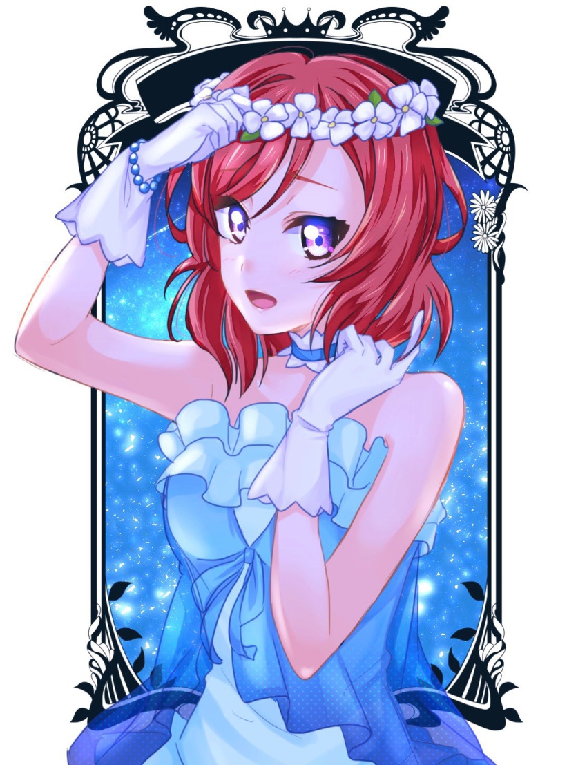 1girl artist_request bare_shoulders dress female gloves highres love_live! love_live!_school_idol_project nishikino_maki purple_eyes red_eyes red_hair smile soles solo white_gloves white_legwear yume_no_tobira