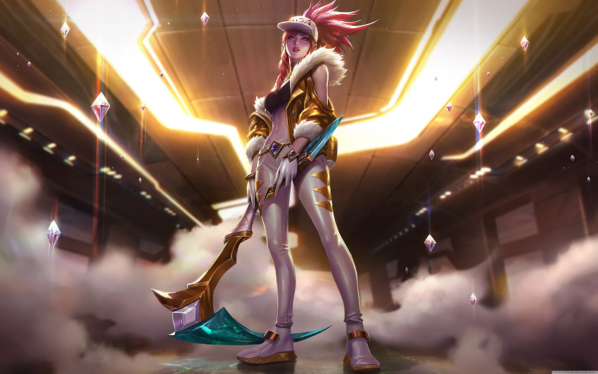 1girl absurdres akali alternate_costume baseball_cap black_tank_top bracelet breasts cleavage fur_trim gloves hat highres holding holding_weapon idol jacket jewelry k/da_(league_of_legends) k/da_akali league_of_legends long_hair looking_at_viewer midriff navel necklace official_art pants red_hair red_lips smoke solo weapon white_footwear white_gloves white_pants