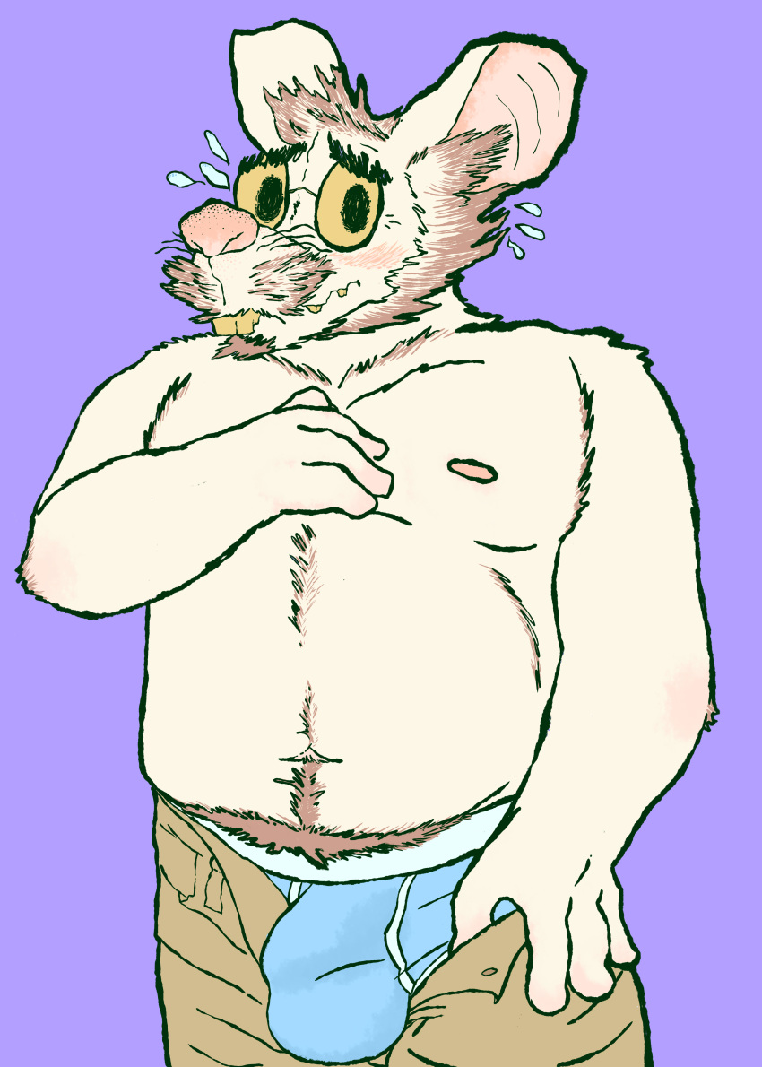 absurd_res anthro blush briefs bulge clothed clothing deetr eyewear fur glasses hi_res looking_at_viewer male mammal murid murine navel nipples rat rodent simple_background smile solo topless underwear