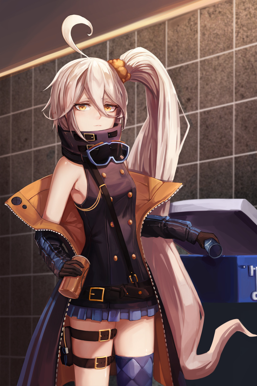 1girl ahoge anizi_(anizi9621) bangs bare_shoulders belt black_belt black_gloves breasts can commentary eyebrows_visible_through_hair girls_frontline glasses gloves hair_between_eyes highres holding jacket long_hair looking_at_viewer off_shoulder pkp_(girls_frontline) side_ponytail silver_hair single_thighhigh small_breasts solo thighhighs very_long_hair yellow_eyes