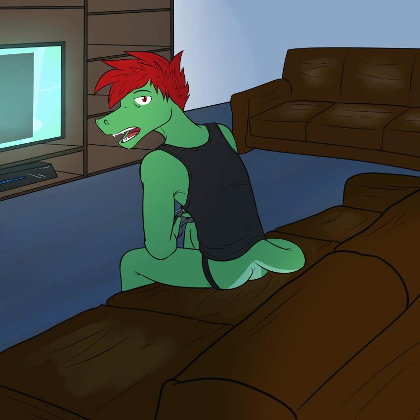 1:1 alligator alligatorid anthro butt clothing controller crocodilian diego_abel fuze game_console game_controller gaming hi_res holding_controller holding_object jockstrap male playing_videogame reptile scalie shirt sofa solo tank_top television texnatsu topwear underwear