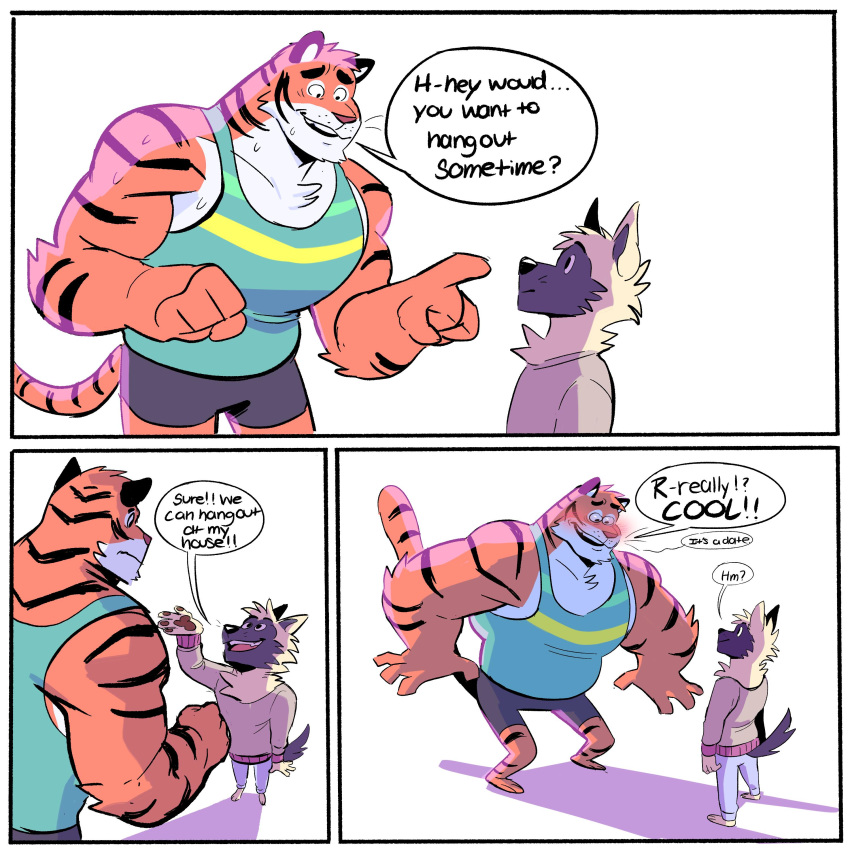 1:1 2019 absurd_res anthro biceps canid canine clothing comic digital_media_(artwork) english_text felid fur hi_res kemono male mammal muscular muscular_male pantherine plum_(artist) simple_background size_difference smaller_male speech_bubble text tiger