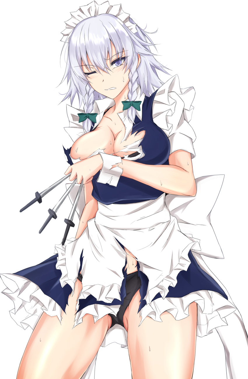 1girl apron bangs black_panties blue_dress blue_eyes braid breasts cleavage clenched_teeth collarbone commentary_request covering covering_breasts cowboy_shot dress eyebrows_visible_through_hair frilled_apron frills gluteal_fold hair_between_eyes highres holding holding_knife holding_weapon izayoi_sakuya knife knives_between_fingers large_breasts looking_at_viewer maid maid_apron maid_headdress one_eye_closed panties petticoat piro_(iiiiiiiiii) puffy_short_sleeves puffy_sleeves shirt short_dress short_hair short_sleeves silver_hair simple_background solo standing teeth thighs torn_clothes torn_dress touhou twin_braids underwear waist_apron weapon white_apron white_background white_shirt wing_collar wrist_cuffs