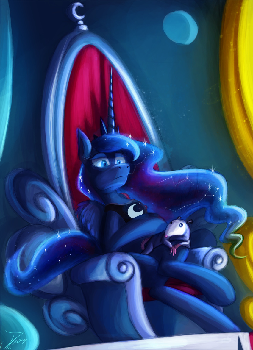 2019 chair cosmic_hair crown domestic_ferret equid friendship_is_magic hair hi_res horn james_corck jewelry looking_down mammal mustela mustelid musteline my_little_pony necklace petting princess_luna_(mlp) sitting throne unamused winged_unicorn wings