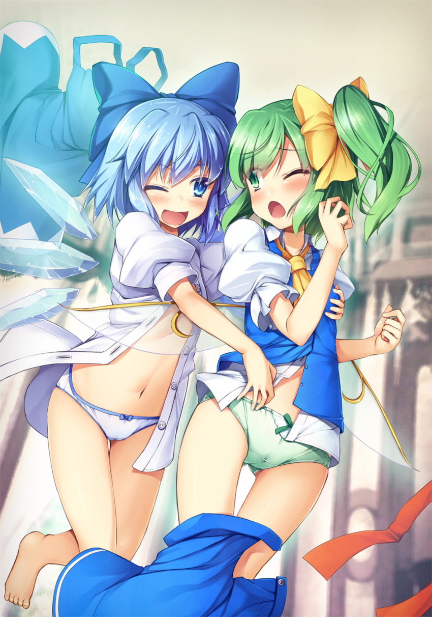 2girls ;d ;o bangs barefoot blue_bow blue_dress blue_eyes blue_hair blue_skirt blush bow bow_panties breast_grab cameltoe chima_q cirno commentary_request daiyousei dress dress_removed eyebrows_visible_through_hair fairy_wings gluteal_fold grabbing grabbing_from_behind green_eyes green_hair green_panties hair_bow hair_ribbon highres ice ice_wings multiple_girls navel no_pants one_eye_closed open_clothes open_mouth open_shirt panties pinafore_dress puffy_short_sleeves puffy_sleeves ribbon shirt short_hair short_sleeves side_ponytail skirt skirt_pull smile touhou unbuttoned underwear white_panties white_shirt wince wings yellow_ribbon yuri