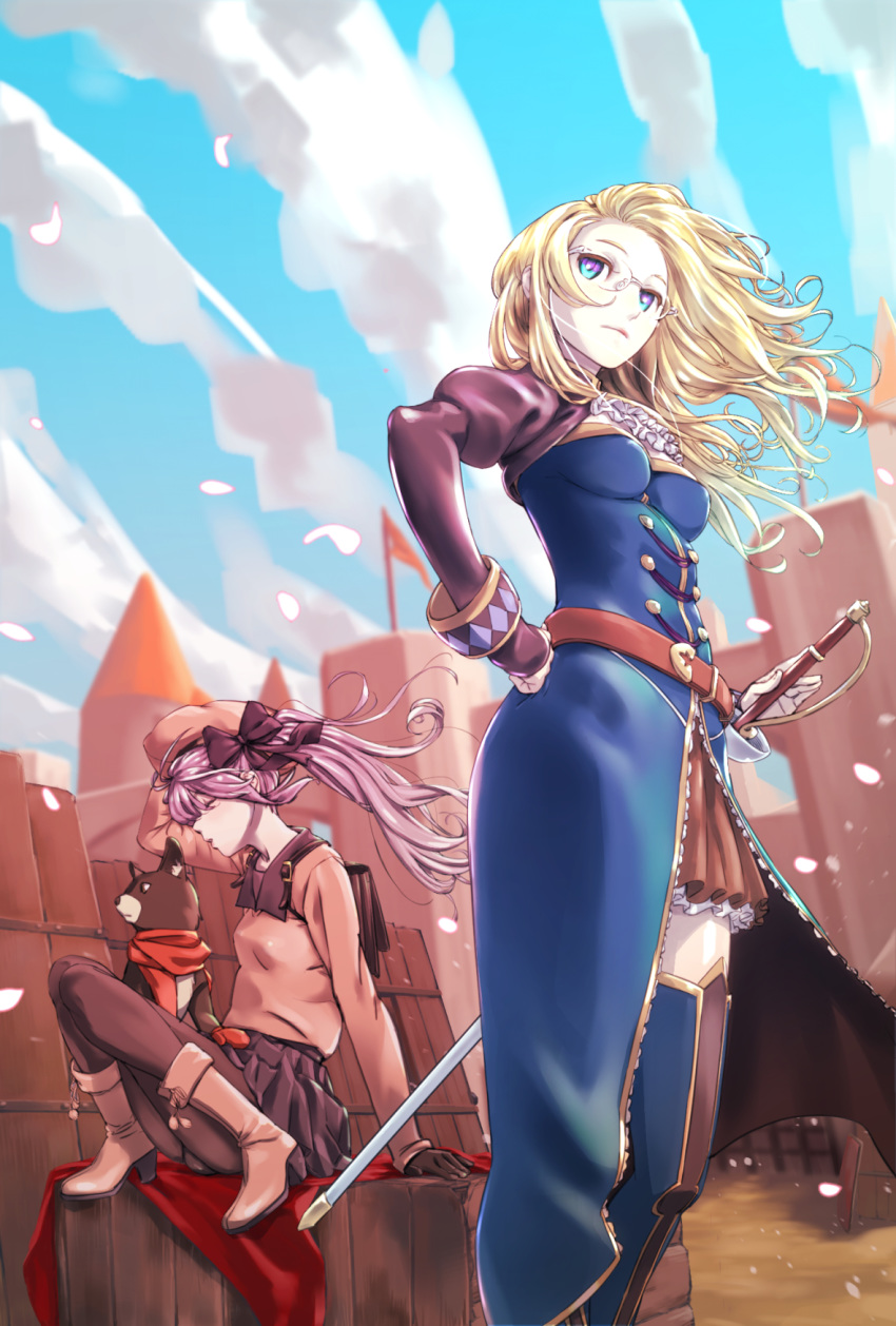2girls arm_up belt black_bow black_legwear black_skirt blonde_hair blue_dress blue_eyes blue_sky boots bow breasts brown_footwear brown_headwear brown_skirt castle cleavage cloud dog dress elbow_gloves eyes_closed flag frills glasses gloves hand_on_hip highres imazui_(sasachi) katie_(sennen_sensou_aigis) long_sleeves looking_at_viewer medium_breasts mittens multiple_girls outdoors pantyhose purple_hair red_scarf rino_(sennen_sensou_aigis) scarf sennen_sensou_aigis sheath sheathed sitting skirt sky small_breasts standing sword twintails weapon wind