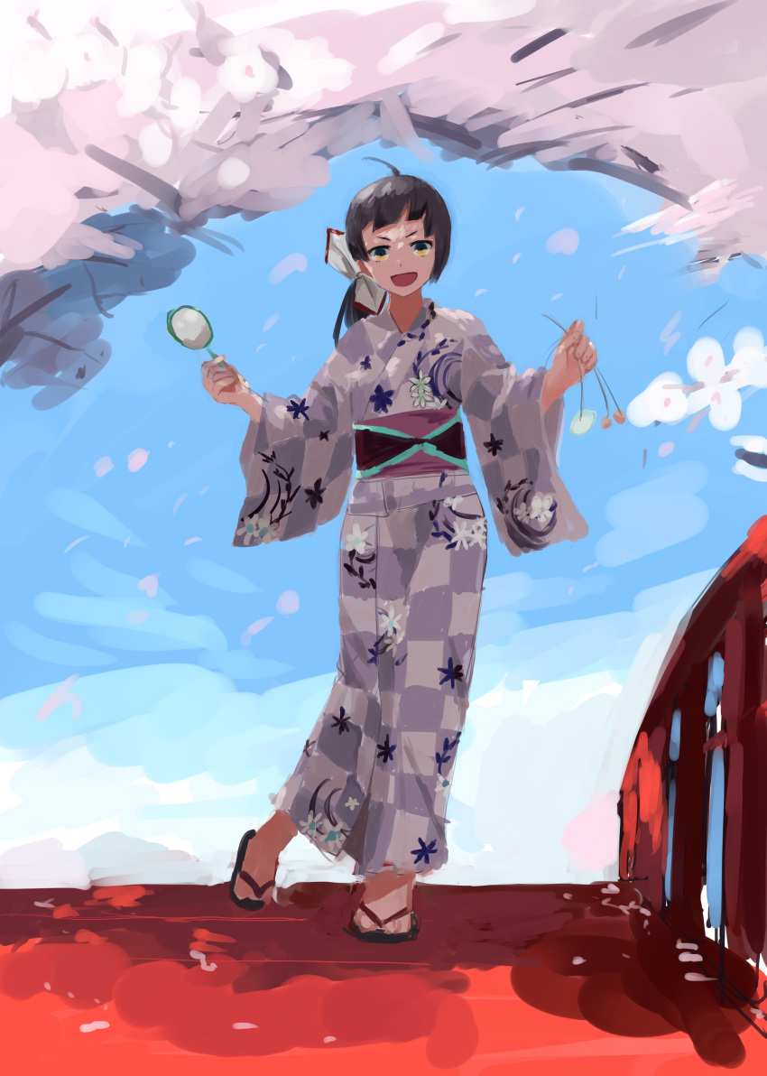 1girl :d absurdres ahoge alternate_costume checkered checkered_kimono cherry_blossoms fujinami_(kantai_collection) full_body geta hair_ribbon highres holding japanese_clothes kantai_collection kimono kitagawa_(ktgw_116) long_hair looking_at_viewer open_mouth purple_hair purple_kimono ribbon side_ponytail smile solo v-shaped_eyebrows white_ribbon yellow_eyes yukata