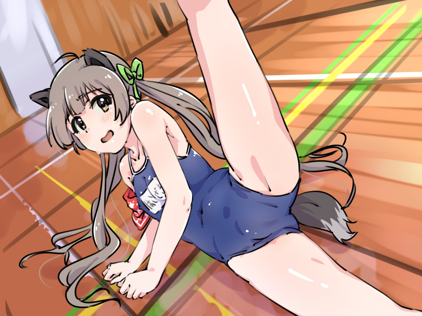 1girl anal_tail animal_ears bad_id bad_pixiv_id brown_eyes dog_ears dog_tail fake_tail green_ribbon grey_hair gym hakozaki_serika highres idolmaster idolmaster_million_live! idolmaster_million_live!_theater_days karahai_(31448823) long_hair name_tag red_scarf ribbon scarf school_swimsuit spread_legs swimsuit tail tearing_up tears twintails