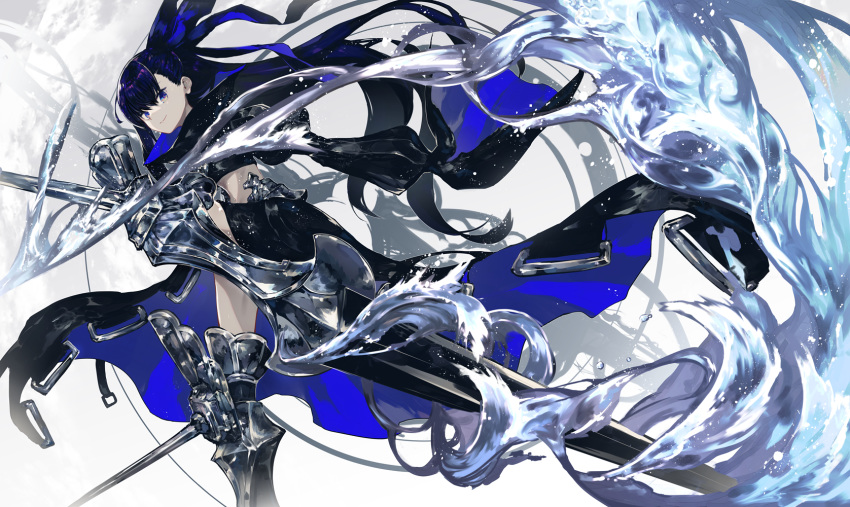 1girl armor armored_boots bangs blue_eyes blue_ribbon blush boots breasts crotch_plate eyebrows_visible_through_hair fate/grand_order fate_(series) hair_ribbon highres kusakanmuri long_hair long_sleeves looking_at_viewer meltlilith purple_hair revealing_clothes ribbon sleeves_past_wrists smile solo thighhighs very_long_hair