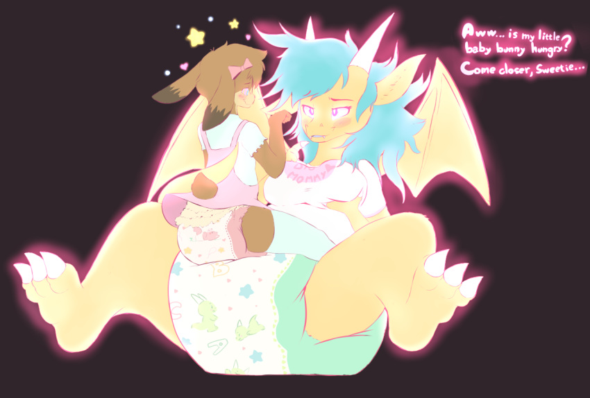 &lt;3 anthro black_background bow breasts clothed clothing diaper dragon duo female glowing glowing_eyes hand_on_breast horn hypnosis lagomorph leporid mammal mind_control molly_(ozzybear) ozzybear rabbit shirt simple_background sitting smile star topwear wings