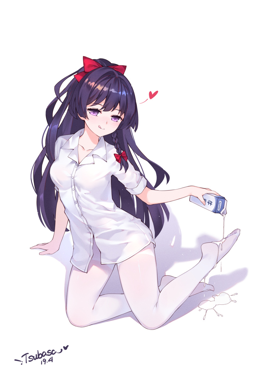 1girl :p absurdres bangs blush bow braid buttons collarbone eyebrows_visible_through_hair hair_bow hair_ribbon heart highres honkai_(series) honkai_impact_3 kneeling long_hair looking_at_viewer milk milk_carton pantyhose pouring_onto_self purple_eyes purple_hair raiden_mei ribbon shadow shirt signature smile solo tongue tongue_out tsubasa_tsubasa white_background white_legwear white_shirt