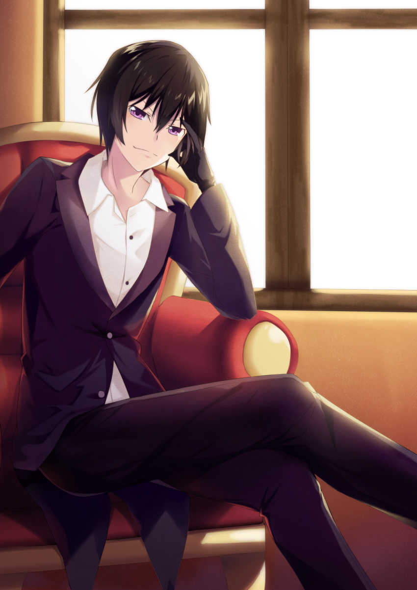 1boy absurdres binato_lulu black_gloves black_hair black_jacket black_pants code_geass collared_shirt dress_shirt gloves hair_between_eyes head_rest highres indoors jacket legs_crossed lelouch_lamperouge long_sleeves looking_at_viewer male_focus pants purple_eyes shiny shiny_hair shirt sitting smile solo white_shirt window wing_collar