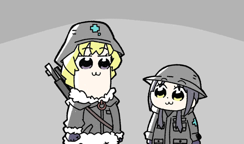 2girls :3 bkub_(style) black_hair blonde_hair brodie_helmet commentary fur_trim helmet highres military military_uniform multiple_girls nanodesu0412 parody poptepipic rifle_on_back shoujo_shuumatsu_ryokou simple_background stahlhelm style_parody twintails uniform yellow_eyes