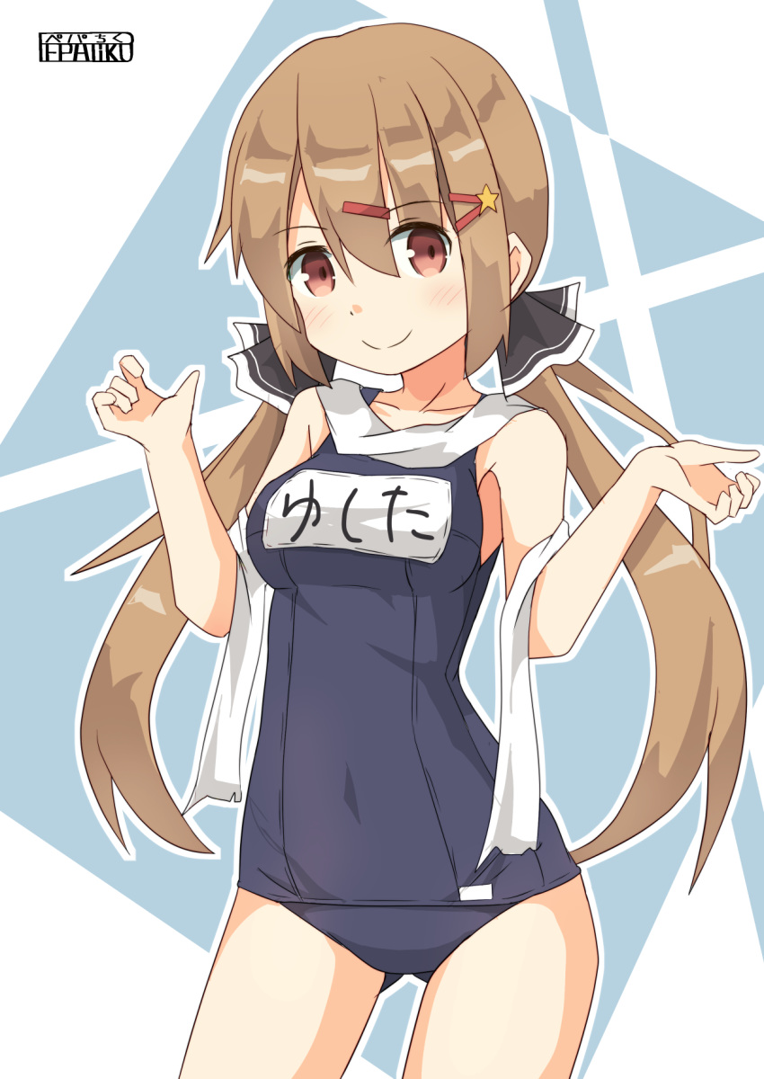 1girl alternate_costume artist_name black_bow blue_swimsuit blush bow breasts brown_eyes brown_hair collarbone covered_navel cowboy_shot eyebrows_visible_through_hair gluteal_fold hair_between_eyes hair_bow hair_ornament highres kantai_collection long_hair looking_at_viewer low_twintails medium_breasts name_tag old_school_swimsuit one-piece_swimsuit pepatiku ribbon_trim scarf school_swimsuit smile solo standing swimsuit swimsuit_under_clothes tashkent_(kantai_collection) torn_scarf twintails white_scarf