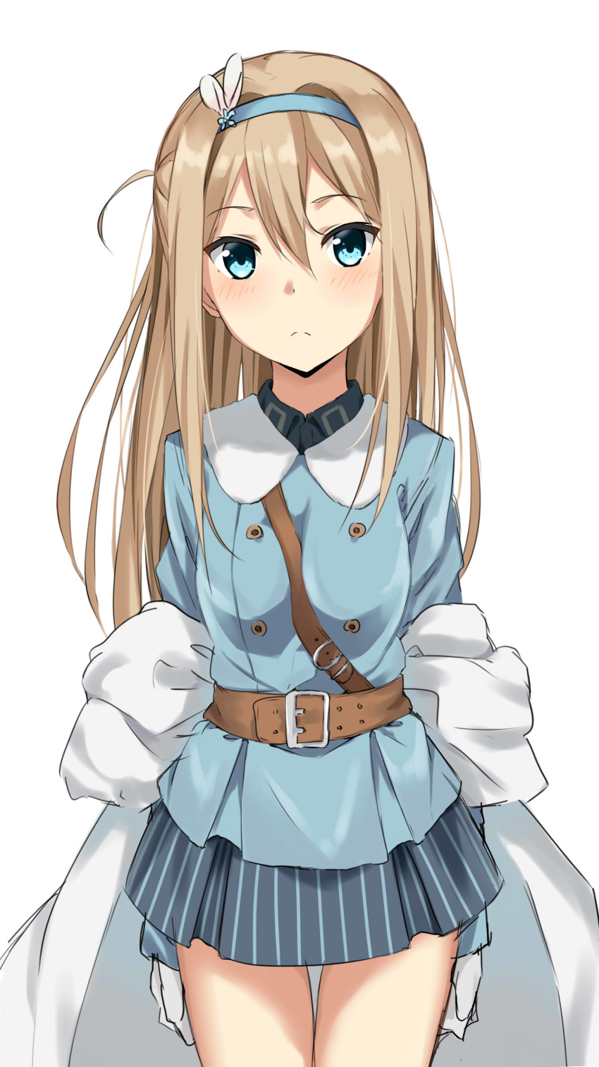 1girl absurdres arms_at_sides bangs belt belt_buckle between_breasts blue_eyes blue_hairband blue_jacket blue_skirt blush breasts brown_belt buckle closed_mouth commentary_request eyebrows_visible_through_hair girls_frontline gloves hair_between_eyes hairband highres jacket kohakope light_brown_hair long_hair long_sleeves one_side_up pleated_skirt simple_background skirt small_breasts solo striped suomi_kp31_(girls_frontline) thigh_gap vertical-striped_skirt vertical_stripes very_long_hair white_background white_gloves