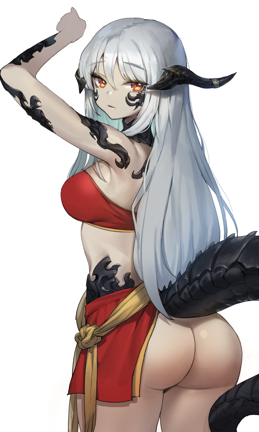 1girl absurdres arm_up armpits ass au_ra bandeau bare_arms bare_shoulders breasts closed_mouth commission cowboy_shot dragon_girl dragon_horns dragon_tail facial_mark final_fantasy final_fantasy_xiv from_behind highres horns large_breasts long_hair looking_at_viewer looking_back midriff miniskirt no_panties orange_eyes red_skirt romana silver_hair simple_background skirt solo standing tail thighs white_background