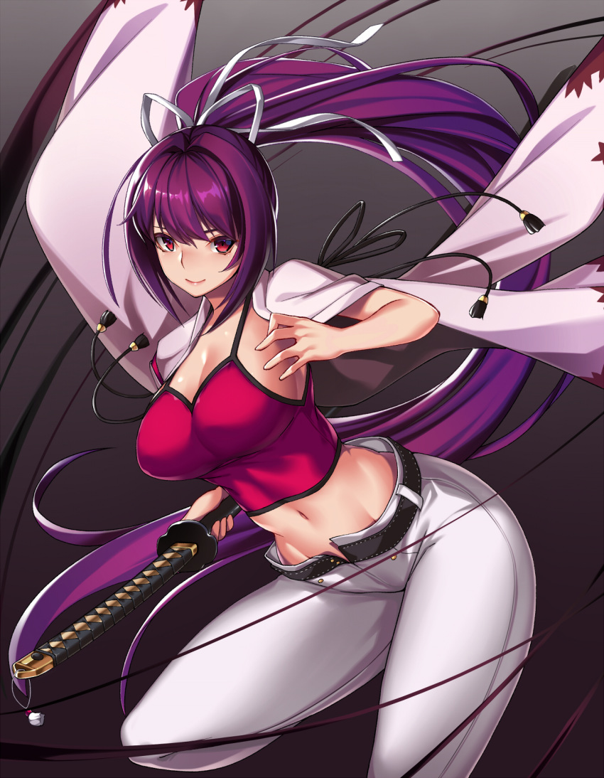 1girl bangs belt blush breasts camisole cleavage cloak floating_hair hair_intakes hair_ribbon highres holding holding_sword holding_weapon katana large_breasts leg_up long_hair looking_at_viewer midriff navel ootachi pants ponytail purple_hair red_eyes ribbon sheath sheathed sidelocks solo sword takanashi-a under_night_in-birth very_long_hair weapon white_pants white_ribbon wind wind_lift yuzuriha_(under_night_in-birth)