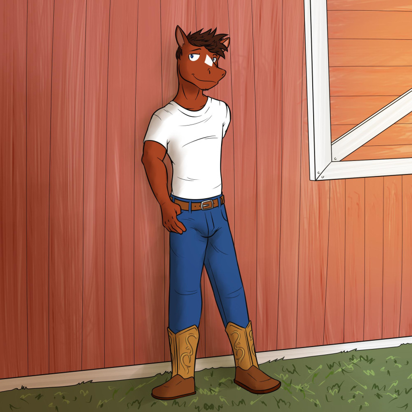 1:1 anthro blake_jackson clothed clothing equid equine fully_clothed fuze hi_res horse leaning male mammal solo