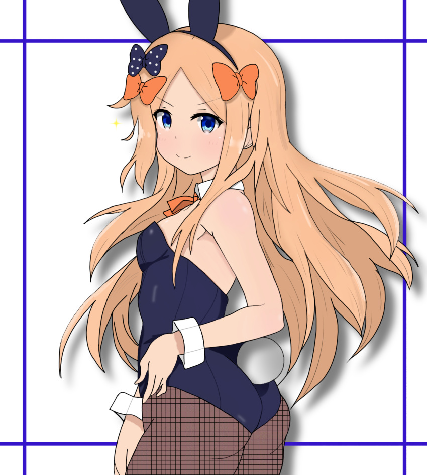 1girl abigail_williams_(fate/grand_order) animal_ears ass atsumisu bangs bare_shoulders black_bow black_hairband blonde_hair blue_eyes blush bow brown_legwear bunny_ears bunny_girl bunny_tail bunnysuit closed_mouth collar commentary_request detached_collar fake_animal_ears fate/grand_order fate_(series) fishnet_pantyhose fishnets forehead hair_bow hairband highres long_hair looking_at_viewer looking_back orange_bow pantyhose parted_bangs polka_dot polka_dot_bow shadow smile solo tail v-shaped_eyebrows very_long_hair white_collar wrist_cuffs