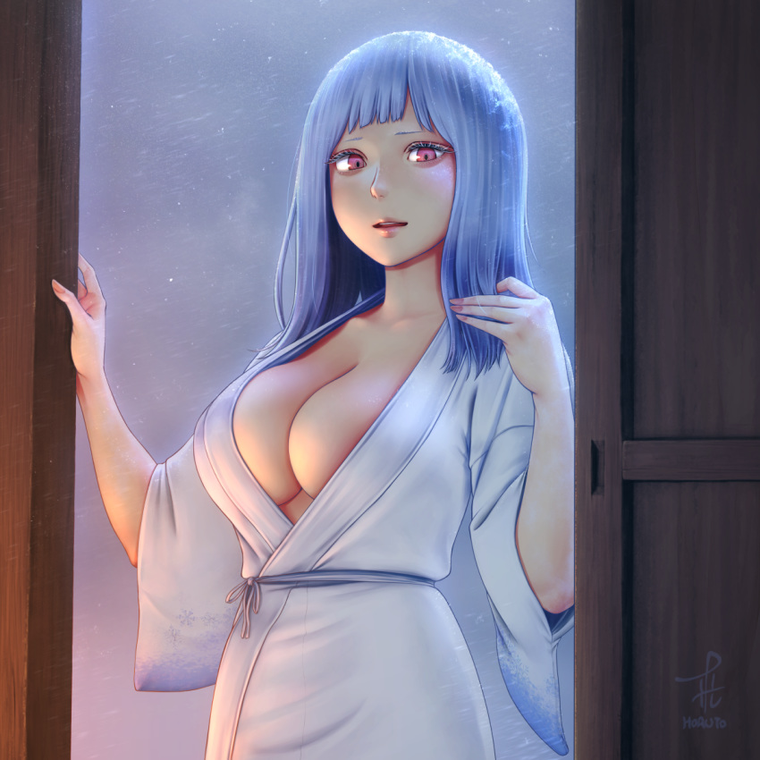 1girl :d blue_hair breasts cleavage door eyelashes highres horiishi_horuto japanese_clothes japanese_mythology kimono large_breasts long_hair looking_at_viewer monster_girl open_mouth purple_eyes smile snowflake_print snowing solo standing teeth yuki_onna