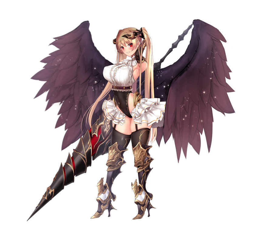 1girl absurdres angel_wings armored_boots armpits bangle bangs black_gloves black_legwear black_leotard black_wings blouse blush boots bracelet breasts collared_blouse commentary_request covered_navel cowboy_shot demon_horns elbow_gloves eyebrows_visible_through_hair fallen_angel feathers full_body garter_belt garter_straps gloves gold gold_trim groin hand_up high_heel_boots high_heels highleg highleg_leotard highres holding holding_weapon horns jewelry lance large_breasts leotard long_hair looking_at_viewer neck_ribbon original parted_lips polearm red_eyes red_ribbon ribbon short_sleeves sidelocks simple_background skindentation smile solo thighhighs thighs twintails underbust untsue very_long_hair weapon white_background white_blouse wings