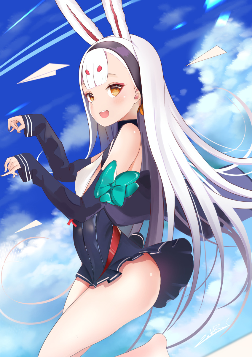 1girl animal_ears arm_ribbon artist_name ass azur_lane bangs bare_shoulders black_hairband blue_eyes breasts brown_eyes bunny_ears clenched_hands cloud collared_dress commentary_request detached_sleeves dress food_themed_hair_ornament frilled_dress frills green_ribbon hair_ornament hairband happy highres jumping long_hair looking_at_viewer nipples open_mouth orange_hair_ornament paper_airplane pose revealing_clothes ribbon shimakaze_(azur_lane) shiny shiny_skin short_dress sideboob smile sparkling_eyes teeth thighs very_long_hair white_hair zotari