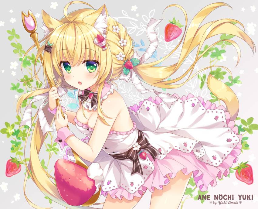 1girl :o ahoge ameto_yuki animal_ear_fluff animal_ears artist_name bangs blonde_hair blush bow breasts cat_ears cat_tail cleavage commentary_request dress eyebrows_visible_through_hair fingernails flower food food_themed_hair_ornament fruit green_eyes grey_background hair_between_eyes hair_bow hair_flower hair_ornament hands_up holding holding_spoon leaning_forward long_hair looking_at_viewer medium_breasts open_mouth original oversized_object solo spoon strapless strapless_dress strawberry strawberry_hair_ornament tail very_long_hair white_bow white_dress white_flower wrist_cuffs