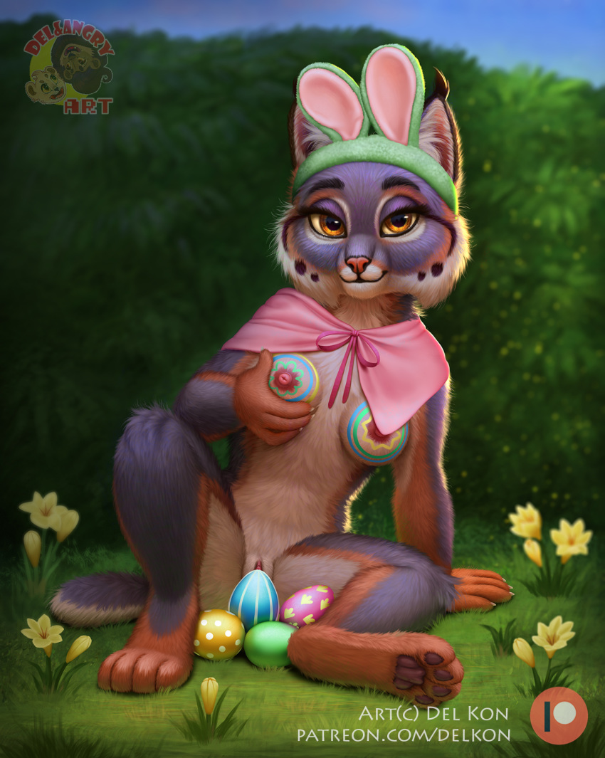 2019 4_fingers 4_toes anthro arm_support barefoot biped black_eyebrows black_fur blue_fur blue_tail bodypaint breasts brown_fur brown_pawpads cheek_tuft claws clitoris conditional_dnp delkon detailed_background digital_media_(artwork) ear_tuft easter easter_egg eyebrows eyelashes fake_ears fake_rabbit_ears felid feline female flower front_view fur grass hi_res holidays inner_ear_fluff looking_at_viewer lynx mammal mostly_nude multicolored_fur multicolored_tail nipples outside patreon pawpads pink_nose plant pussy sitting smile solo toes tuft two_tone_tail url watermark white_claws white_fur white_tail yellow_eyes