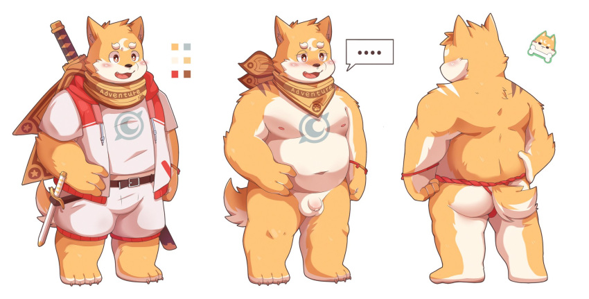 2018 anthro balls belly blush bulge butt canid canine canis clothing domestic_dog dwzaafi english_text flaccid fundoshi hi_res humanoid_hands humanoid_penis japanese_clothing male mammal melee_weapon moobs navel nipples penis shirt shorts simple_background slightly_chubby solo sword text topwear underwear weapon white_background