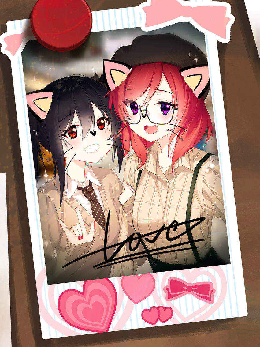 2girls :d animal_ears bangs beret black_hair blurry blush eyebrows_visible_through_hair fake_animal_ears glasses grin hair_between_eyes hat heart highres looking_at_viewer love_live! love_live!_school_idol_project multiple_girls nail_polish necktie nishikino_maki open_mouth photo_(object) plaid plaid_shirt purple_eyes red_eyes red_hair red_nails school_uniform shirt short_hair sidelocks smile sparkle suspenders sweater twintails upper_body yazawa_nico zhanzheng_zi