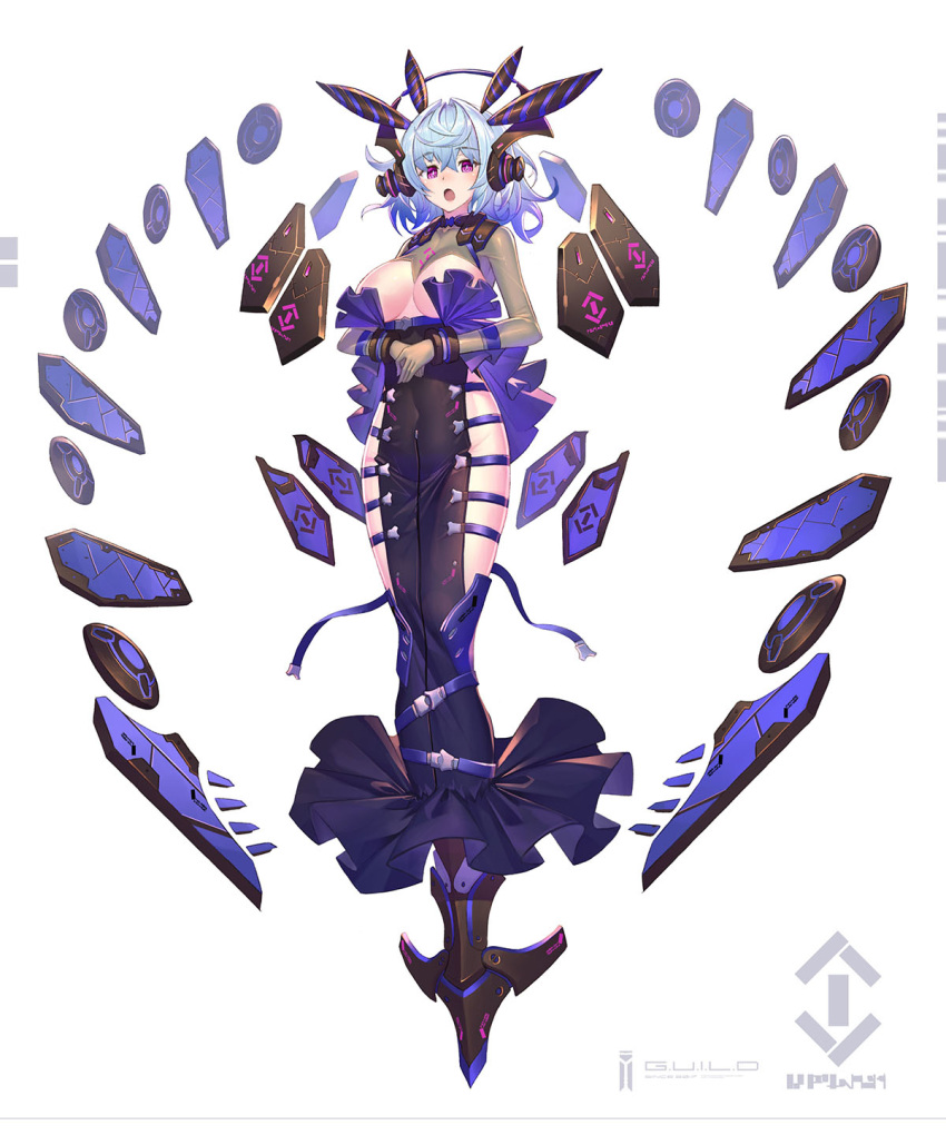 1girl :o blue_hair bound bound_legs breast_cutout breasts dress eyebrows_visible_through_hair floating floating_object full_body hair_intakes hands_together headgear highres hobble_dress large_breasts logo looking_at_viewer mecha_musume nadare-san_(nadare3nwm) original purple_eyes solo white_background