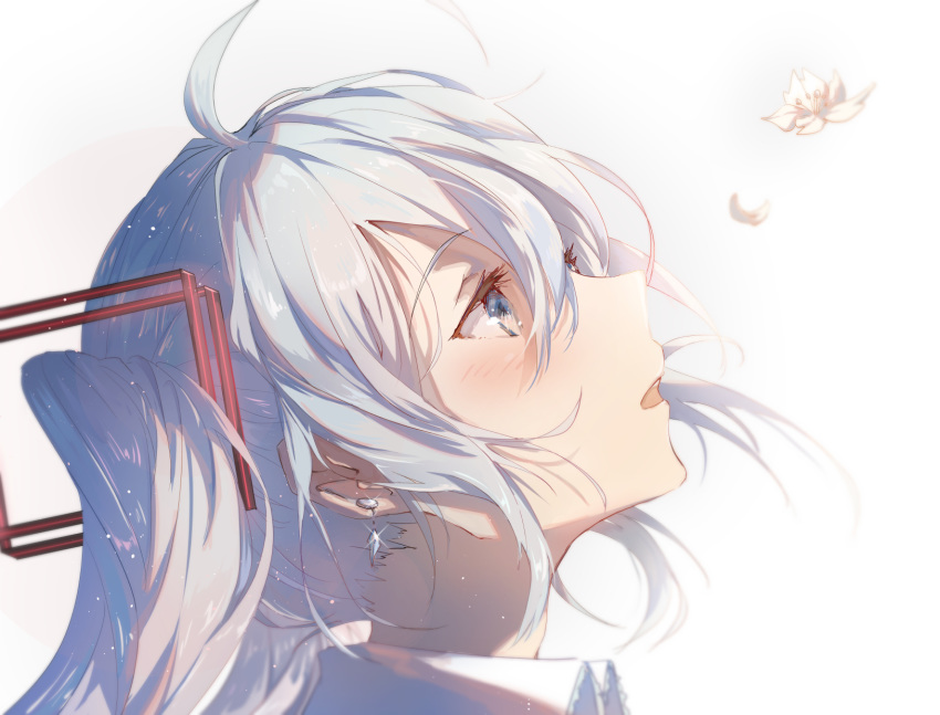 1girl bangs blue_eyes blush commentary_request earrings eyebrows_visible_through_hair flower glint hair_between_eyes hair_ornament hatsune_miku highres jewelry long_hair looking_away looking_up open_mouth petals portrait silver_hair simple_background solo taka_(0taka) twintails upper_teeth vocaloid white_background white_flower wing_collar