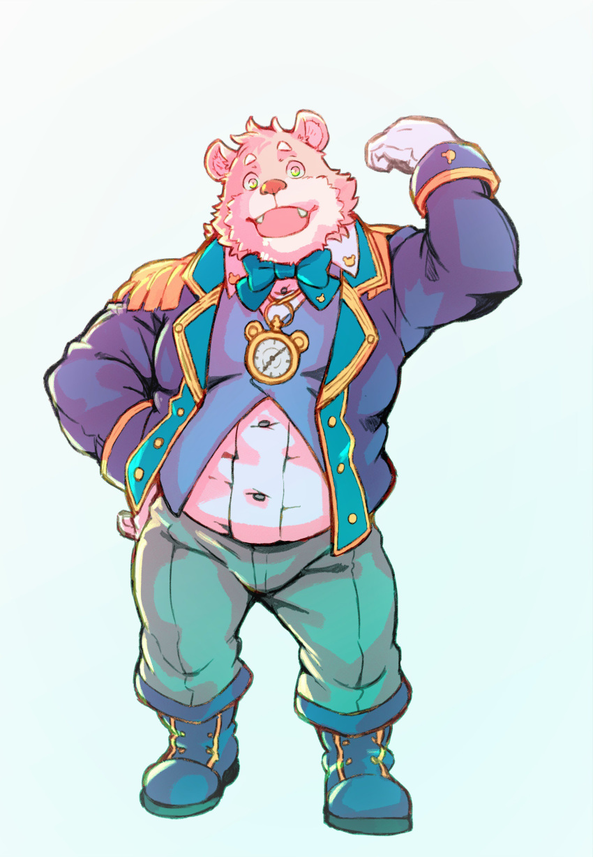 2019 absurd_res anthro clothing cute_fangs fur gloves green_eyes heylaw21 hi_res jambavan male mammal pants pink_fur shirt simple_background slightly_chubby solo tokyo_afterschool_summoners topwear ursid video_games