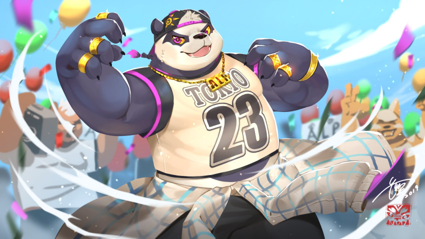 16:9 2019 alp_(tas) anthro belly blush clothing english_text fur giant_panda group hat headgear headwear hi_res humanoid_hands jmeo1230 male mammal overweight overweight_male pants purple_fur shirt teeth text tokyo_afterschool_summoners tongue topwear ursid video_games