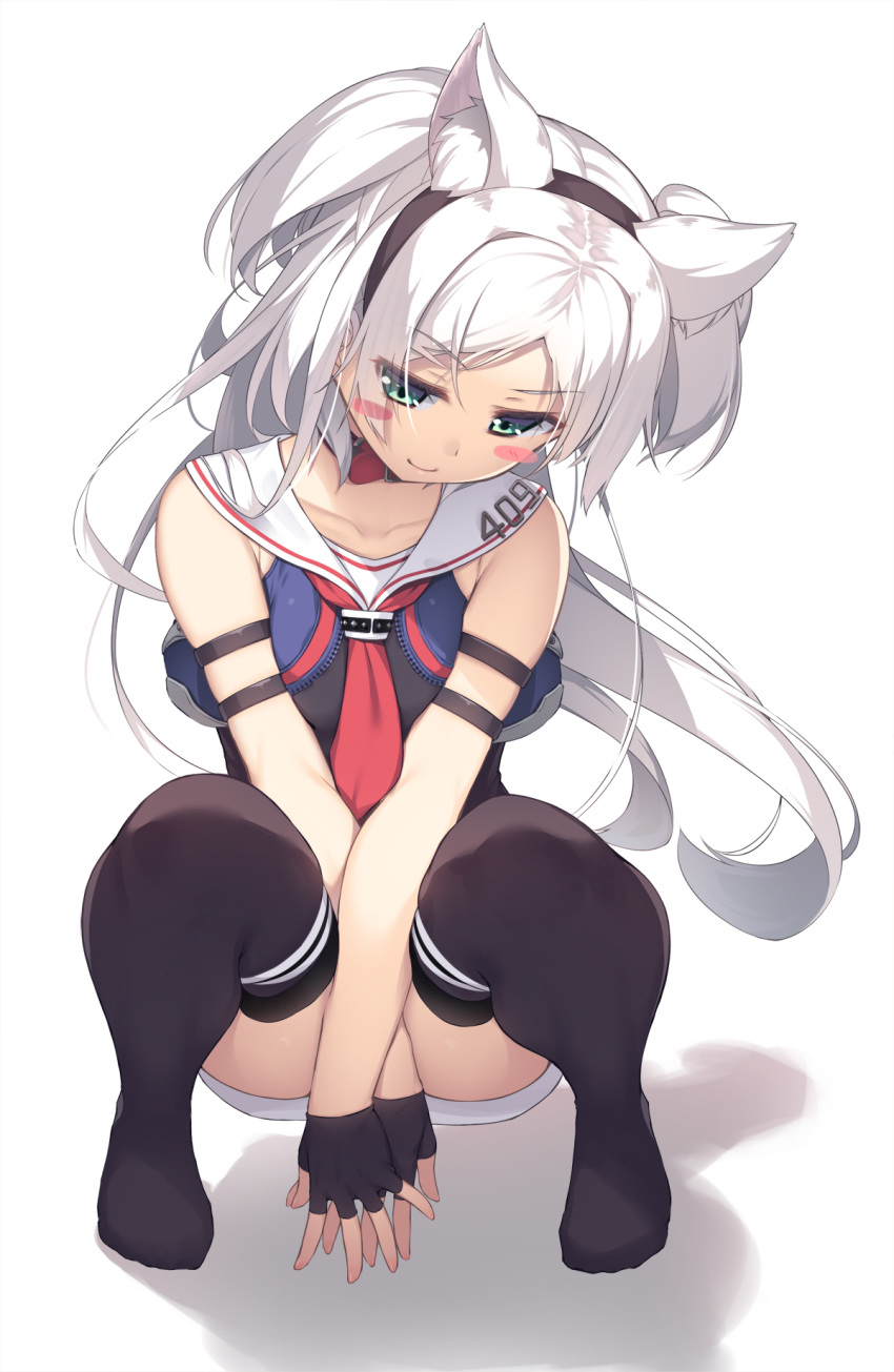 1girl animal_ear_fluff animal_ears azur_lane bangs bare_shoulders black_legwear blush_stickers cat_ears collar collarbone commentary eyebrows_visible_through_hair fingerless_gloves full_body gloves green_eyes highres long_hair looking_down miniskirt necktie no_shoes olive_(laai) red_collar red_neckwear remodel_(azur_lane) sailor_collar simple_background sims_(azur_lane) skirt sleeveless smile solo squatting thighhighs two_side_up white_background white_hair white_skirt