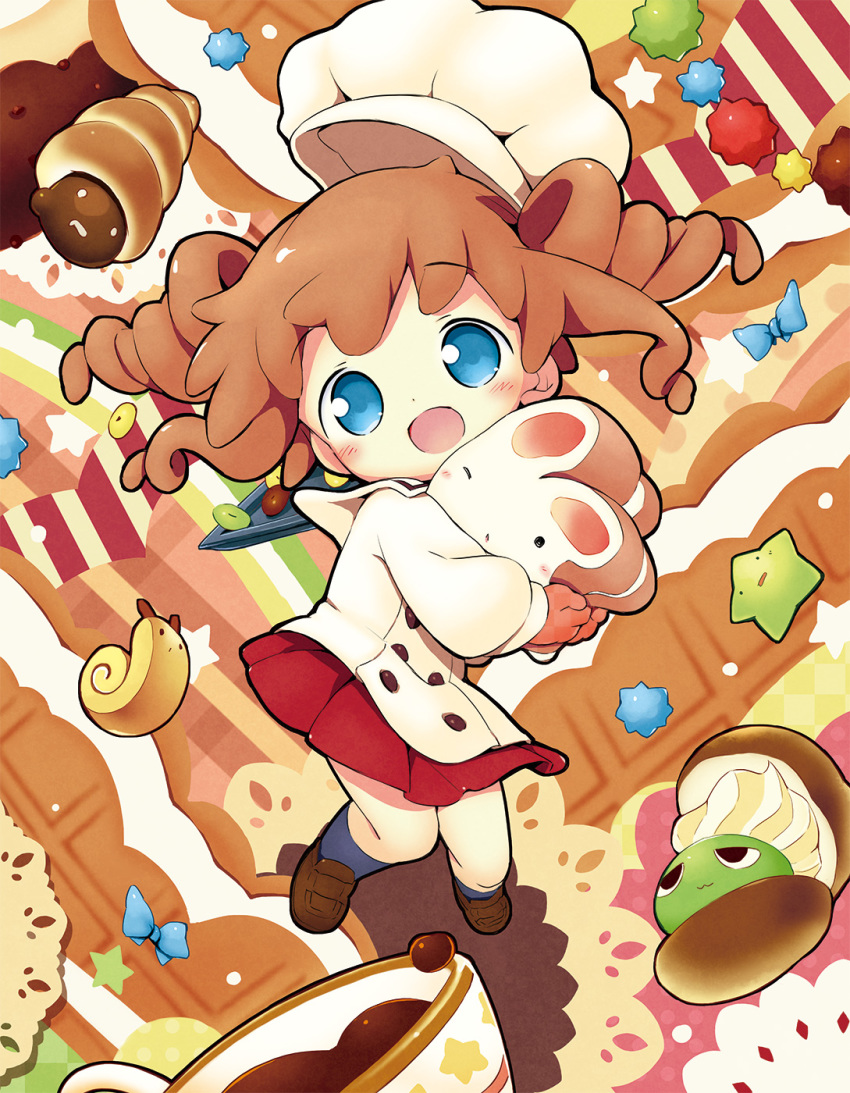 1girl :d aikei_ake bangs blue_bow blue_eyes blue_legwear blush bow bread brown_footwear brown_gloves brown_hair bunny checkered checkered_gloves chef_hat chocolate_cornet commentary_request eyebrows_visible_through_hair food gloves hat head_tilt highres kneehighs loafers long_sleeves object_hug open_mouth original pleated_skirt puffy_long_sleeves puffy_sleeves red_skirt ringlets sailor_collar school_uniform serafuku shirt shoes skirt smile snail solo star unmoving_pattern white_headwear white_sailor_collar white_shirt