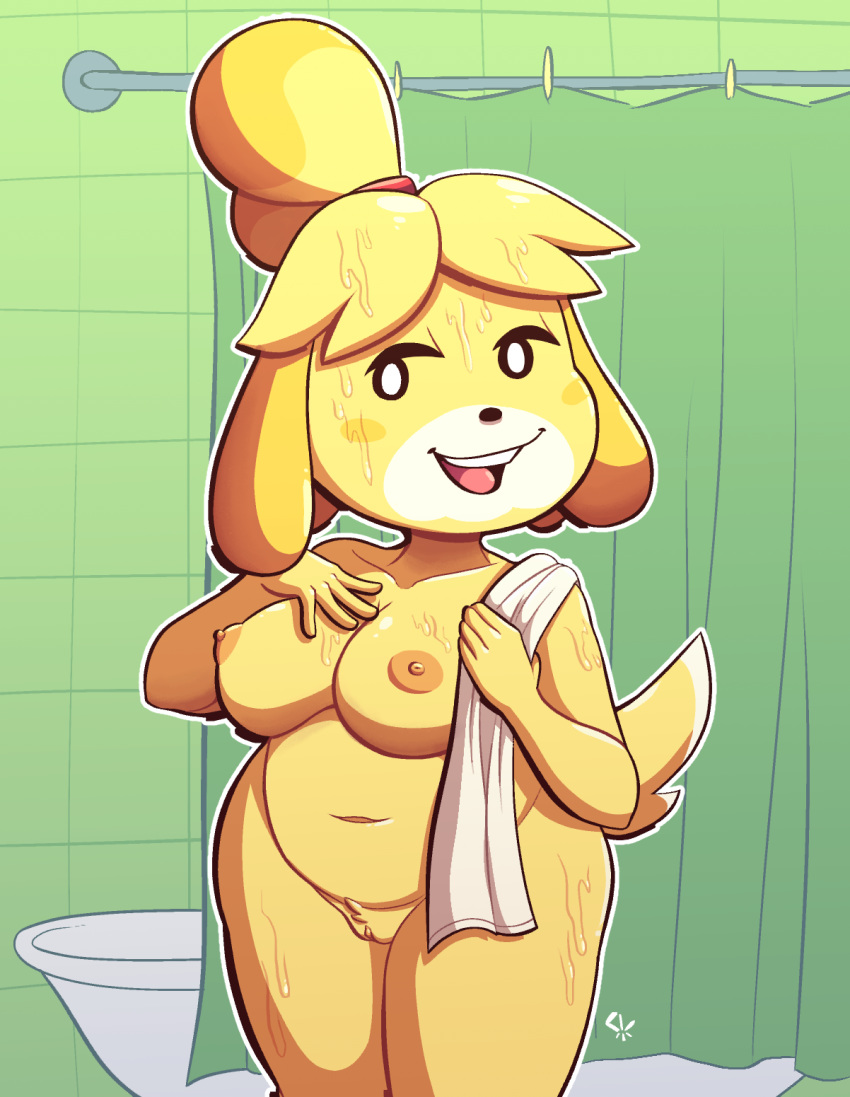 animal_crossing anthro bathroom blonde_hair breasts canid canine canis domestic_dog female fur hair hi_res isabelle_(animal_crossing) mammal nintendo nude open_mouth pussy shih_tzu slightly_chubby solo steeckykees towel toy_dog video_games wet wet_fur yellow_fur