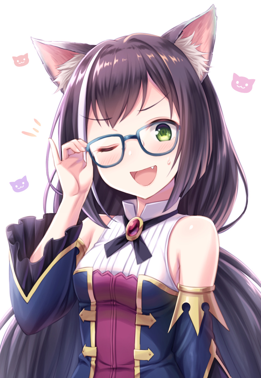 1girl ;d adjusting_eyewear animal_ear_fluff animal_ears bangs bare_shoulders bespectacled black_hair blue-framed_eyewear blue_sleeves blush breasts cat_ears commentary_request detached_sleeves eyebrows_visible_through_hair fang fingernails glasses green_eyes hand_up head_tilt highres kyaru_(princess_connect) long_hair long_sleeves looking_at_viewer multicolored_hair one_eye_closed open_mouth princess_connect! princess_connect!_re:dive shirt simple_background sleeveless sleeveless_shirt small_breasts smile solo streaked_hair sweat tomo_(user_hes4085) upper_body very_long_hair white_background white_hair white_shirt wide_sleeves