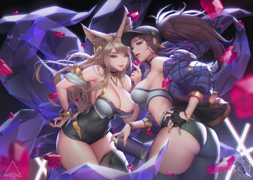 2girls ahri akali animal_ears artist_name ass back bangs bare_shoulders baseball_cap belt black_gloves blonde_hair bracelet breasts can choker cleavage collarbone covered_navel cowboy_shot earrings eyeshadow fingerless_gloves fingernails fox_ears fox_tail gem glint gloves hair_between_eyes hand_on_hip hat heart high_ponytail highres holding holding_can jacket jewelry k/da_(league_of_legends) k/da_ahri k/da_akali large_breasts league_of_legends lipstick long_fingernails long_hair looking_at_viewer love_cacao makeup mask midriff multiple_girls navel open_clothes parted_lips pink_lips ponytail purple_hair red_lips sharp_fingernails sidelocks smile spray_can swept_bangs tail thick_thighs thighhighs thighs whisker_markings yellow_eyes