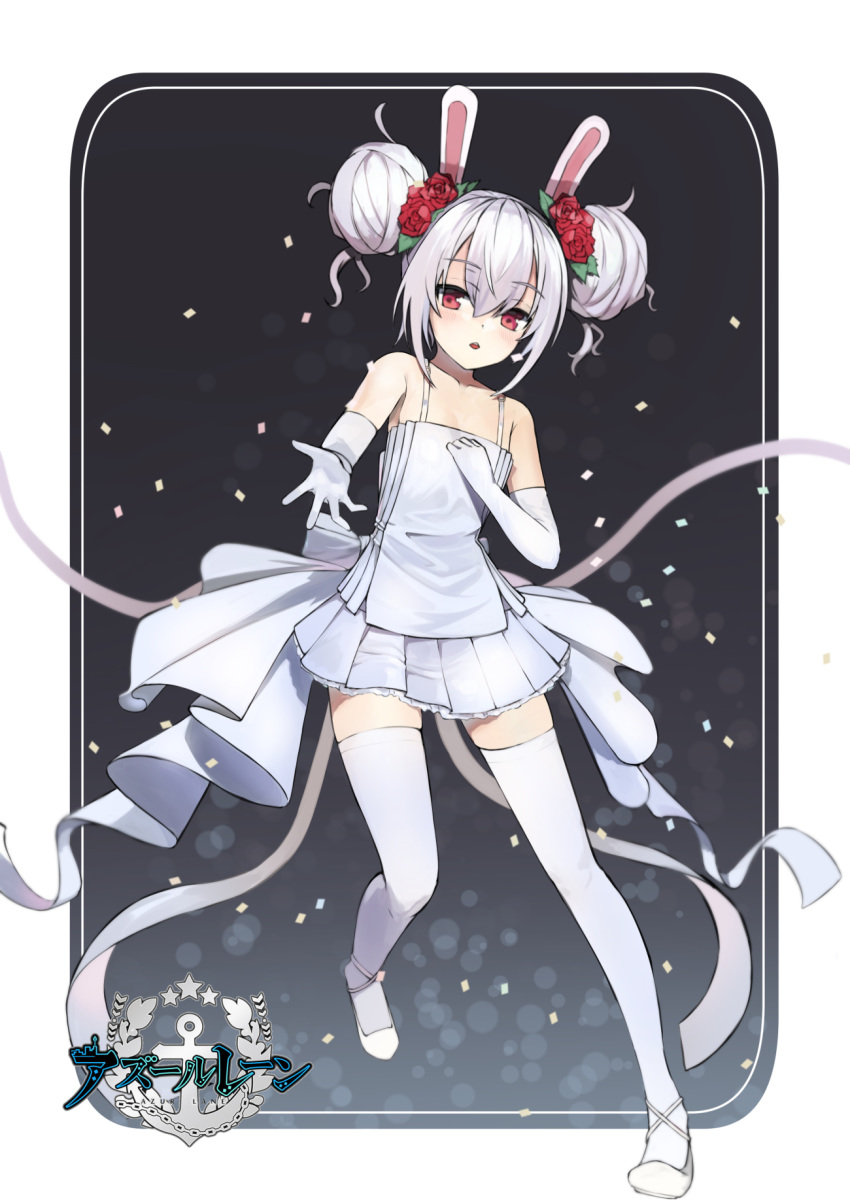 1girl animal_ears azur_lane bare_shoulders blush bunny_ears double_bun dress elbow_gloves eyebrows_visible_through_hair fake_animal_ears flower gloves hair_between_eyes hair_flower hair_ornament highres laffey_(azur_lane) looking_at_viewer miniskirt open_mouth pleated_skirt red_eyes red_flower sharpheon silver_hair skirt thighhighs tied_hair white_gloves white_legwear zettai_ryouiki