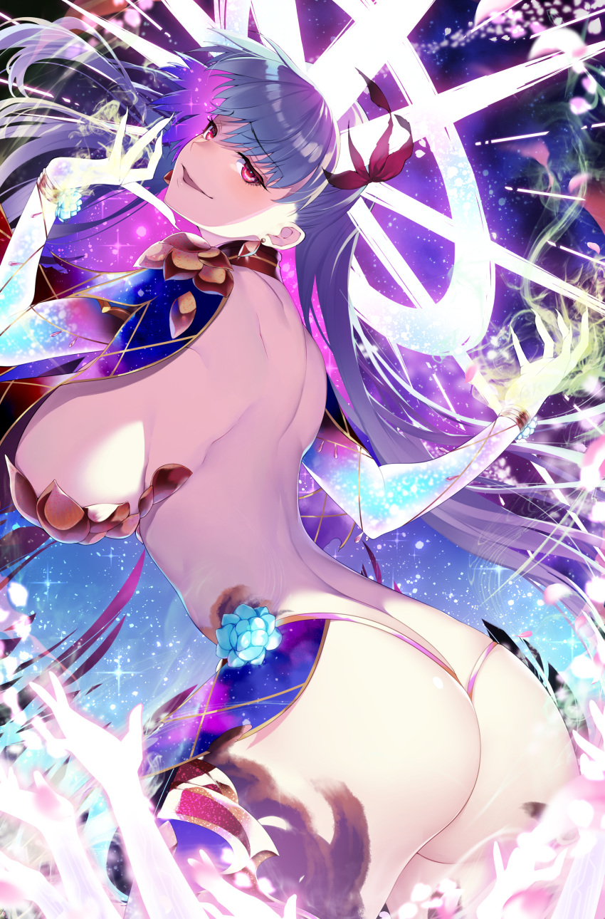 1girl absurdres armor ass back bangs bikini_armor blush bracelet breasts fate/grand_order fate_(series) hair_ribbon halo hamada_pochiwo highres jewelry kama_(fate/grand_order) large_breasts long_hair looking_at_viewer looking_back parted_lips petals red_eyes ribbon sideboob silver_hair smile solo