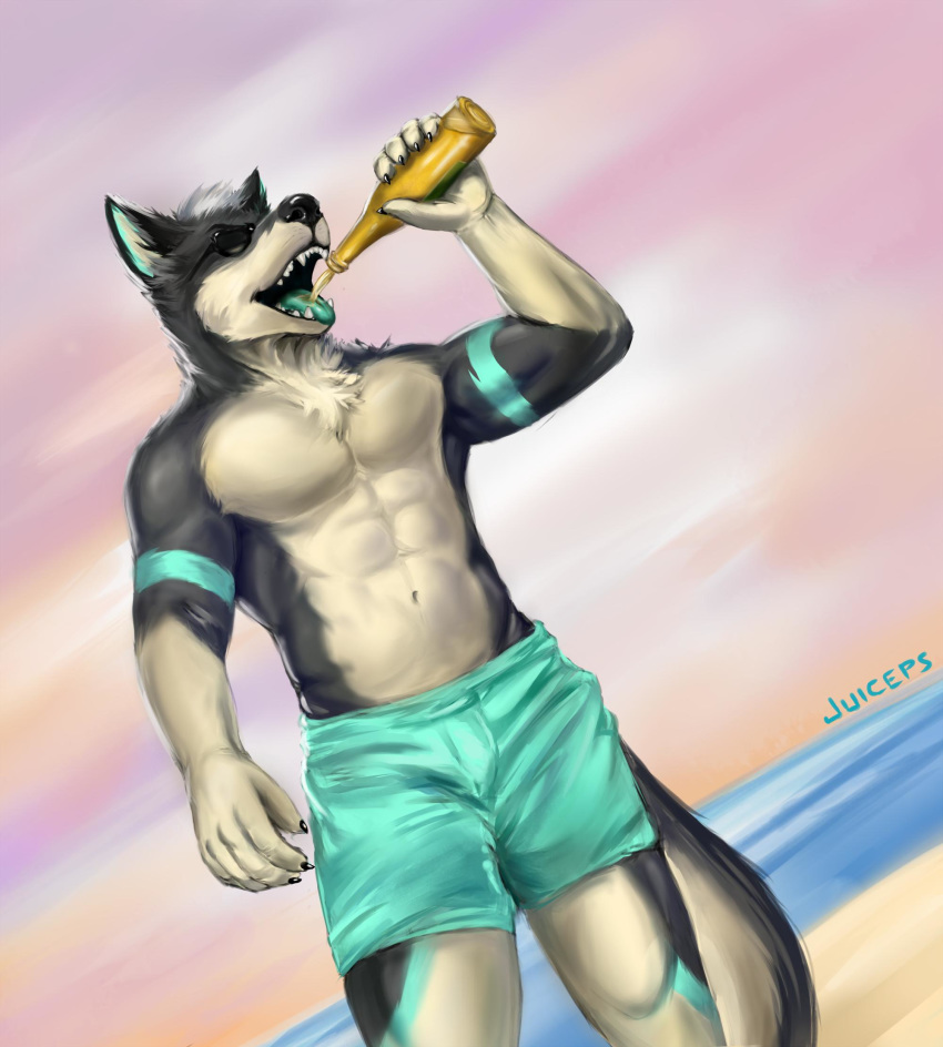 2019 5_fingers abs alcohol anthro beach beer beverage biceps biped black_claws black_fur black_nose black_tail bottle bottomwear canid canine canis claws clothed clothing detailed_background digital_media_(artwork) domestic_dog drinking dutch_angle eyewear front_view fur green_bottomwear green_clothing green_tongue hair hi_res holding_bottle holding_object husky juice_(character) juiceps male mammal multicolored_fur multicolored_tail muscular muscular_male navel nordic_sled_dog open_mouth outside pecs sea seaside short_hair signature solo spitz standing sunglasses swimming_trunks swimwear teeth tongue topless two_tone_fur two_tone_tail water white_fur white_hair white_tail