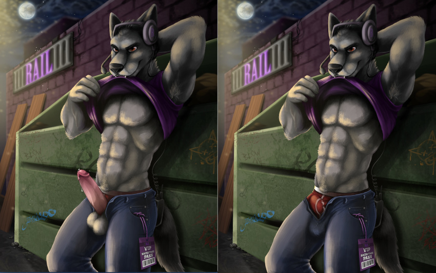 2019 abs alley anthro armpit_hair balls biceps biped black_eyebrows black_nose boxers_(clothing) bulge canid canine canis claws clothed clothing cooper_estevez detailed_background digital_media_(artwork) dumpster erection erection_under_clothes eyebrows full_moon fur glans grey_balls grey_claws grey_fur grey_tail hand_behind_head headgear headphones headset hi_res humanoid_penis jackaloo jeans male mammal moon muscular muscular_male night open_pants outside pants pecs penis pink_glans pink_penis precum purple_clothing purple_shirt purple_topwear raised_clothing raised_shirt red_clothing red_eyes red_underwear security shirt solo standing tank_top topwear underwear wolf