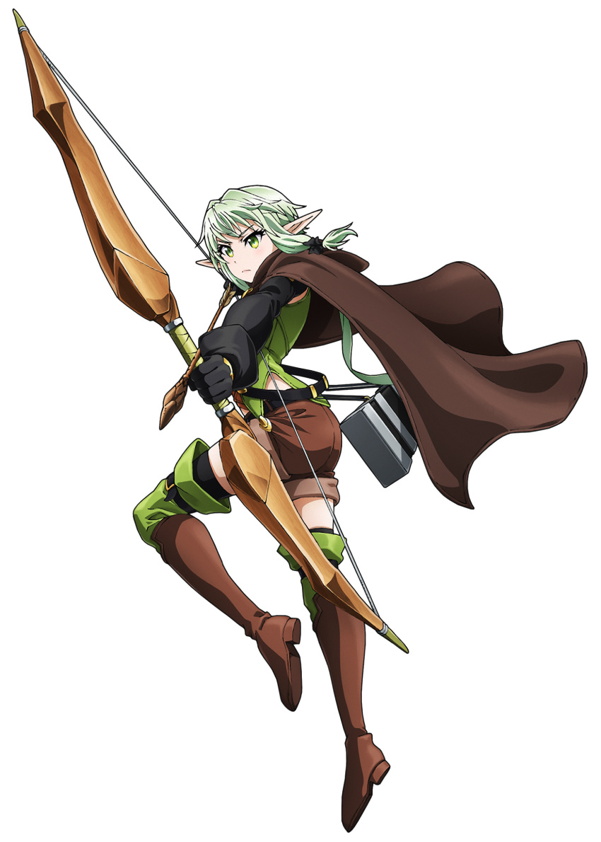 10s 1girl absurdres arrow asymmetrical_clothes blush boots bow breasts character_name cloak elf gloves goblin_slayer! green_eyes green_hair green_legwear hair_between_eyes hair_bow high_elf_archer_(goblin_slayer!) high_heels highres kannatsuki_noboru long_hair looking_at_viewer official_art open_mouth pointy_ears shiny shiny_hair shorts sidelocks small_breasts solo standing thighhighs tongue weapon